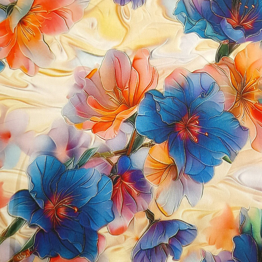 viskózové plátno, květy, kobaltová a korálová