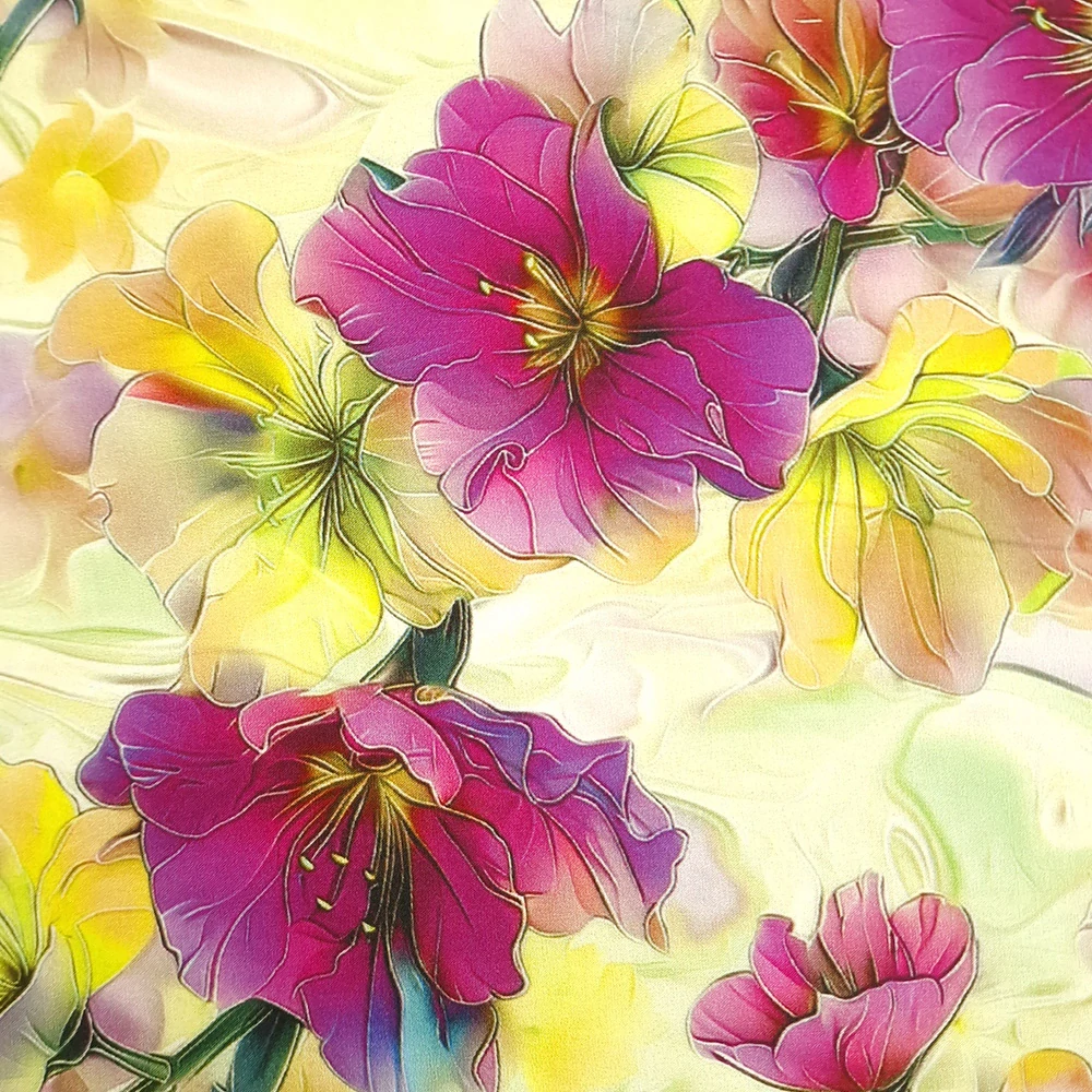 viskózové plátno, květy, magenta a žlutá