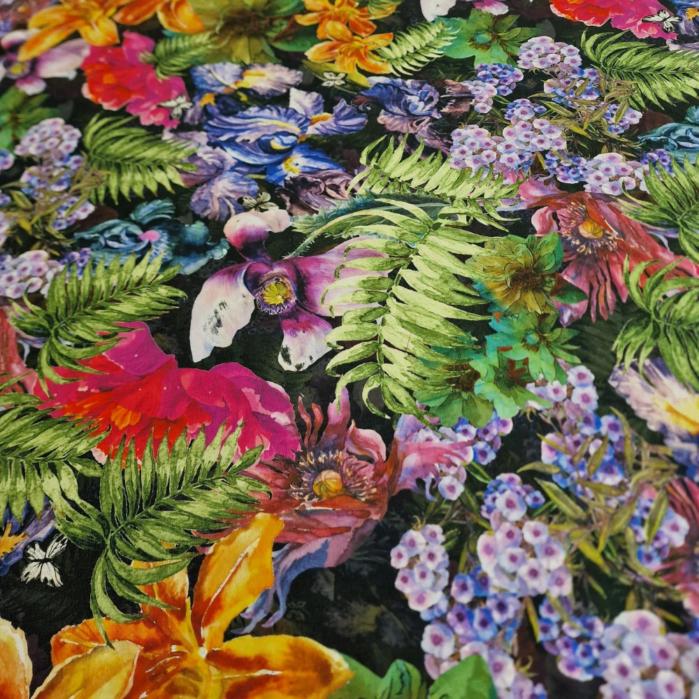 len, vzor květy, černá