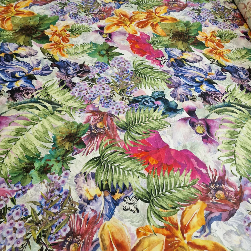 len, vzor květy, bílá