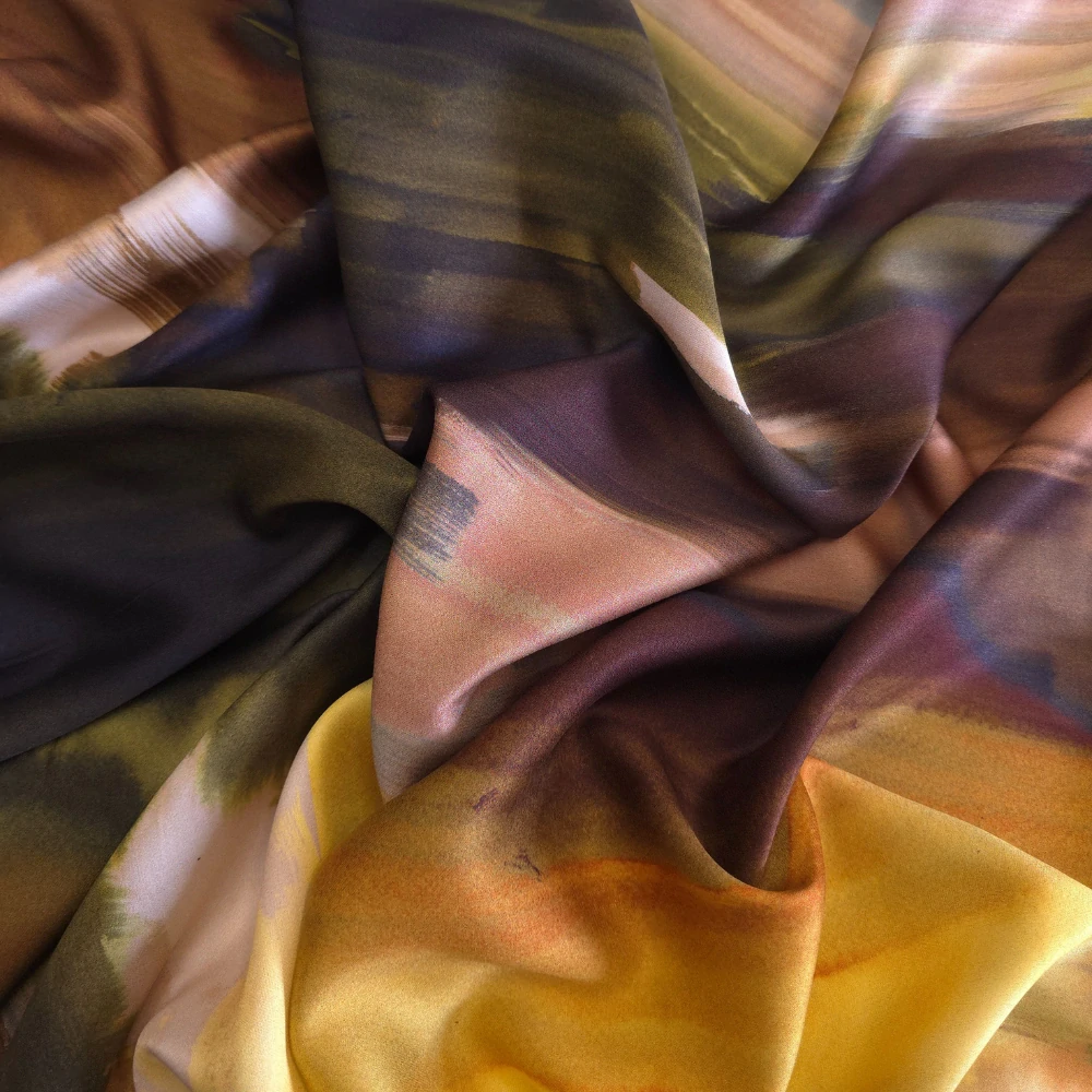 viskózový satén, khaki/hnědá/žlutá