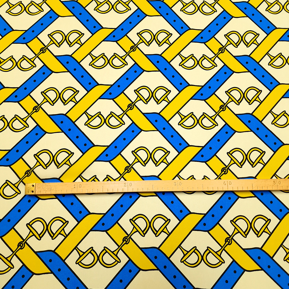hedvábný crepe de chine, žlutomodrý vzor