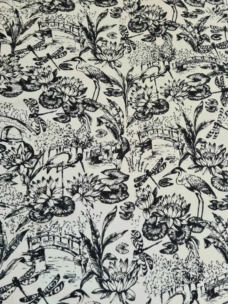 popelín elastický, vzor natura, černá