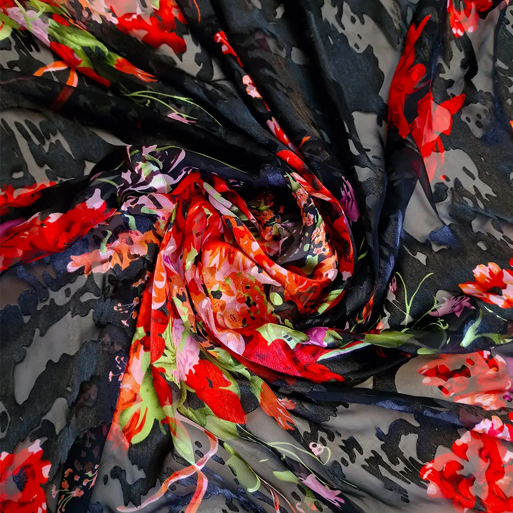 hedvábí DEVORÉ, červené květy