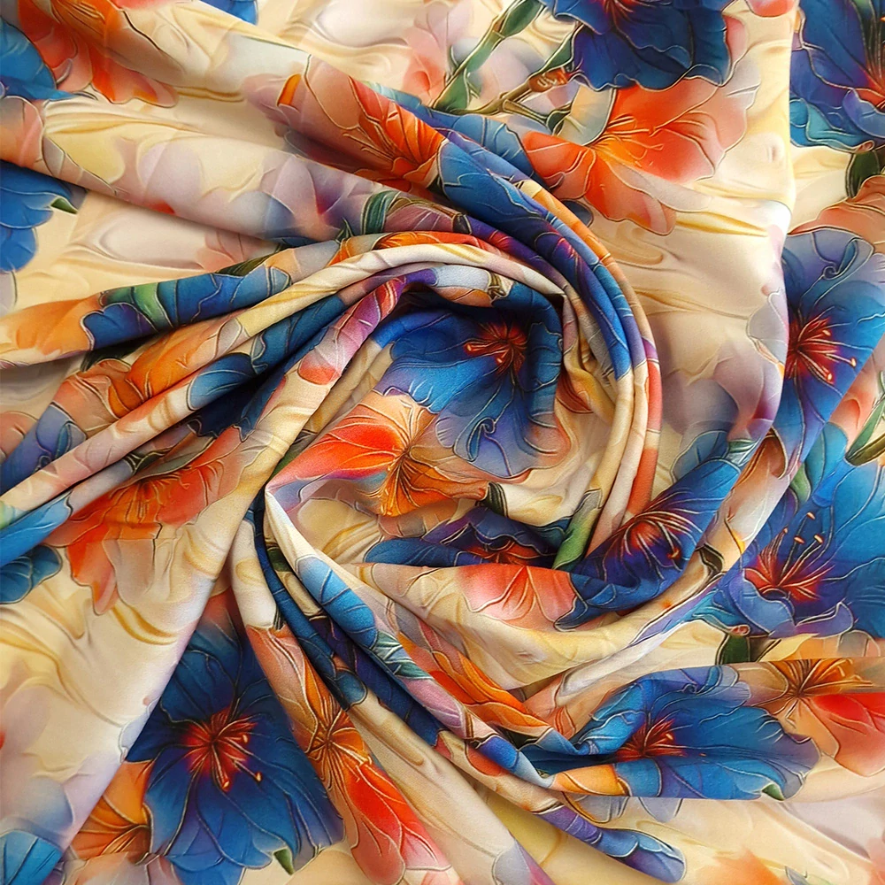 viskózové plátno, květy, kobaltová a korálová