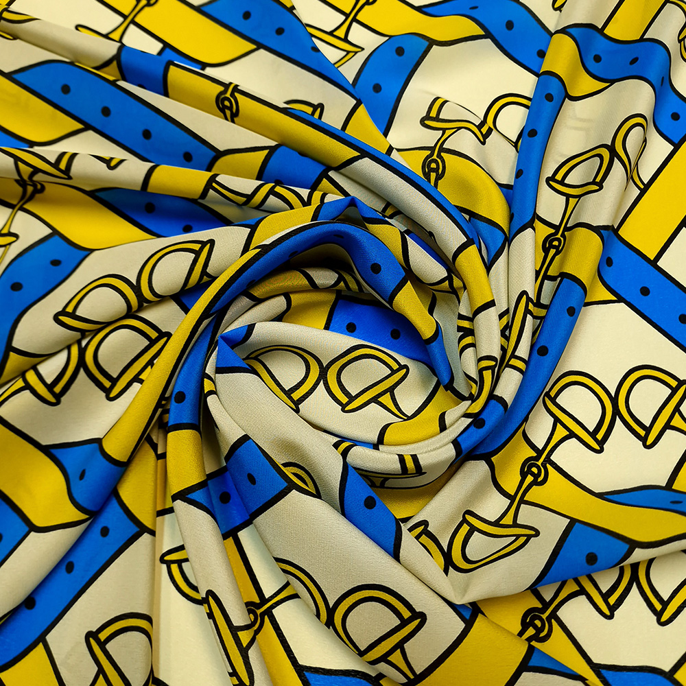 hedvábný crepe de chine, žlutomodrý vzor