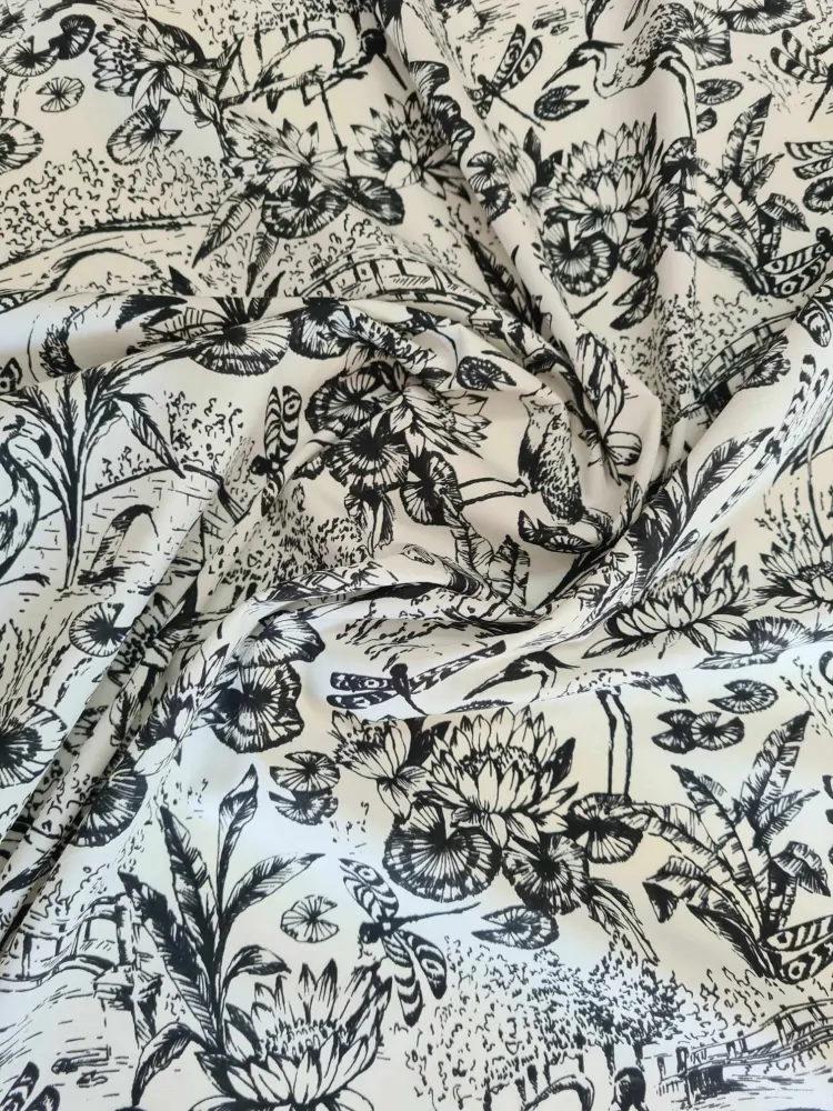 popelín elastický, vzor natura, černá