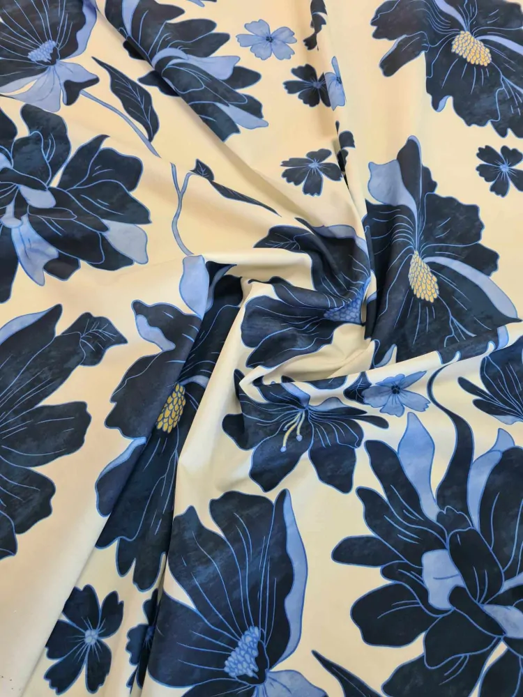 popelín elastický, velké květy, blu