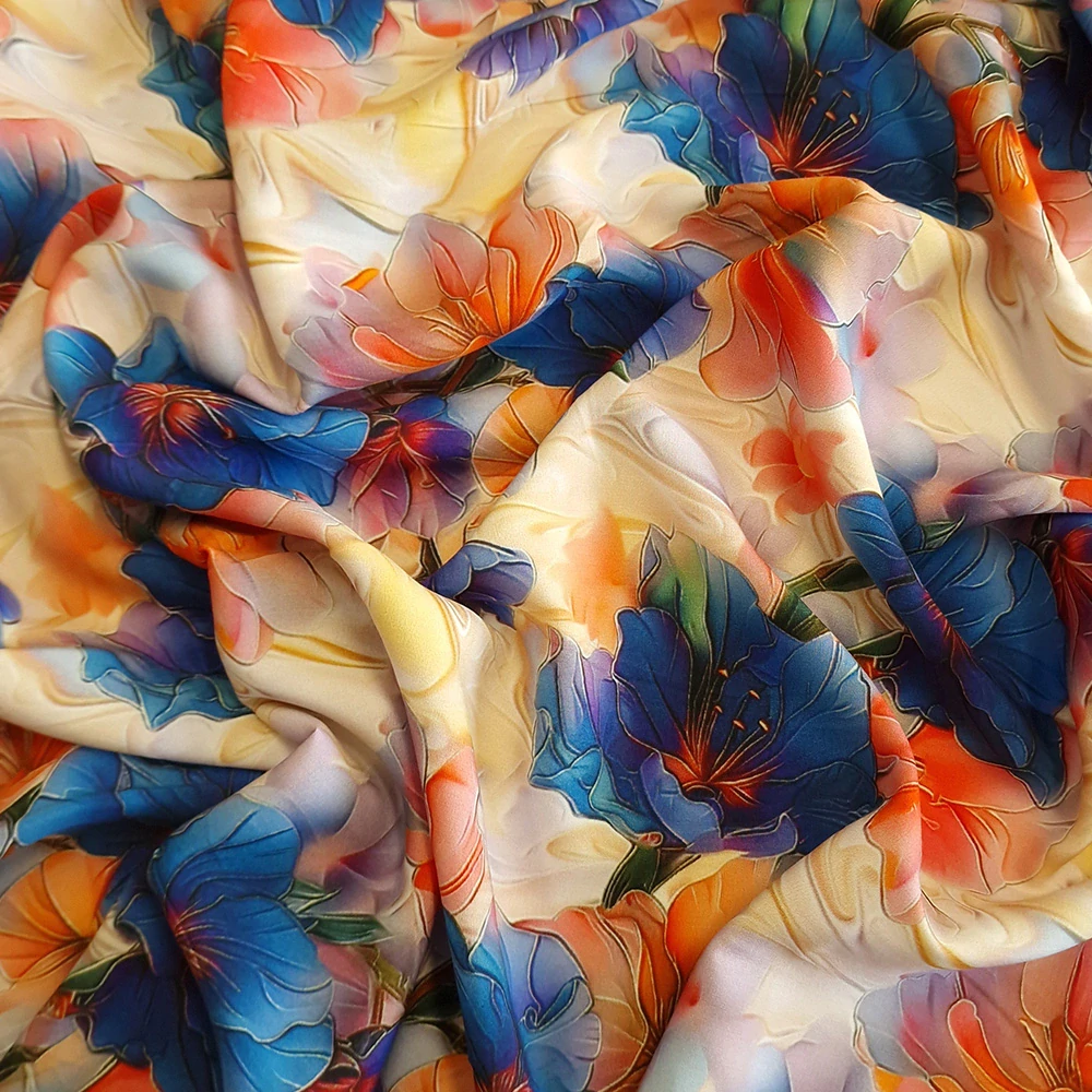 viskózové plátno, květy, kobaltová a korálová