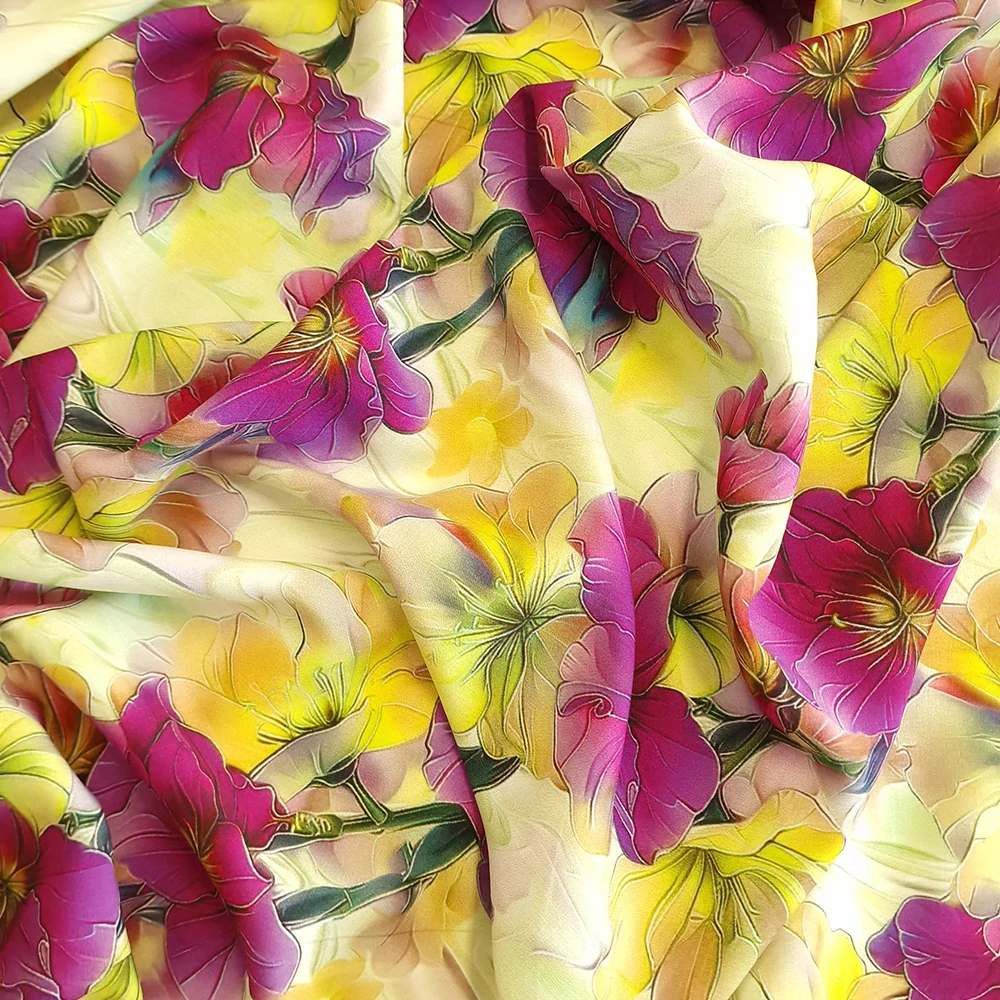 viskózové plátno, květy, magenta a žlutá