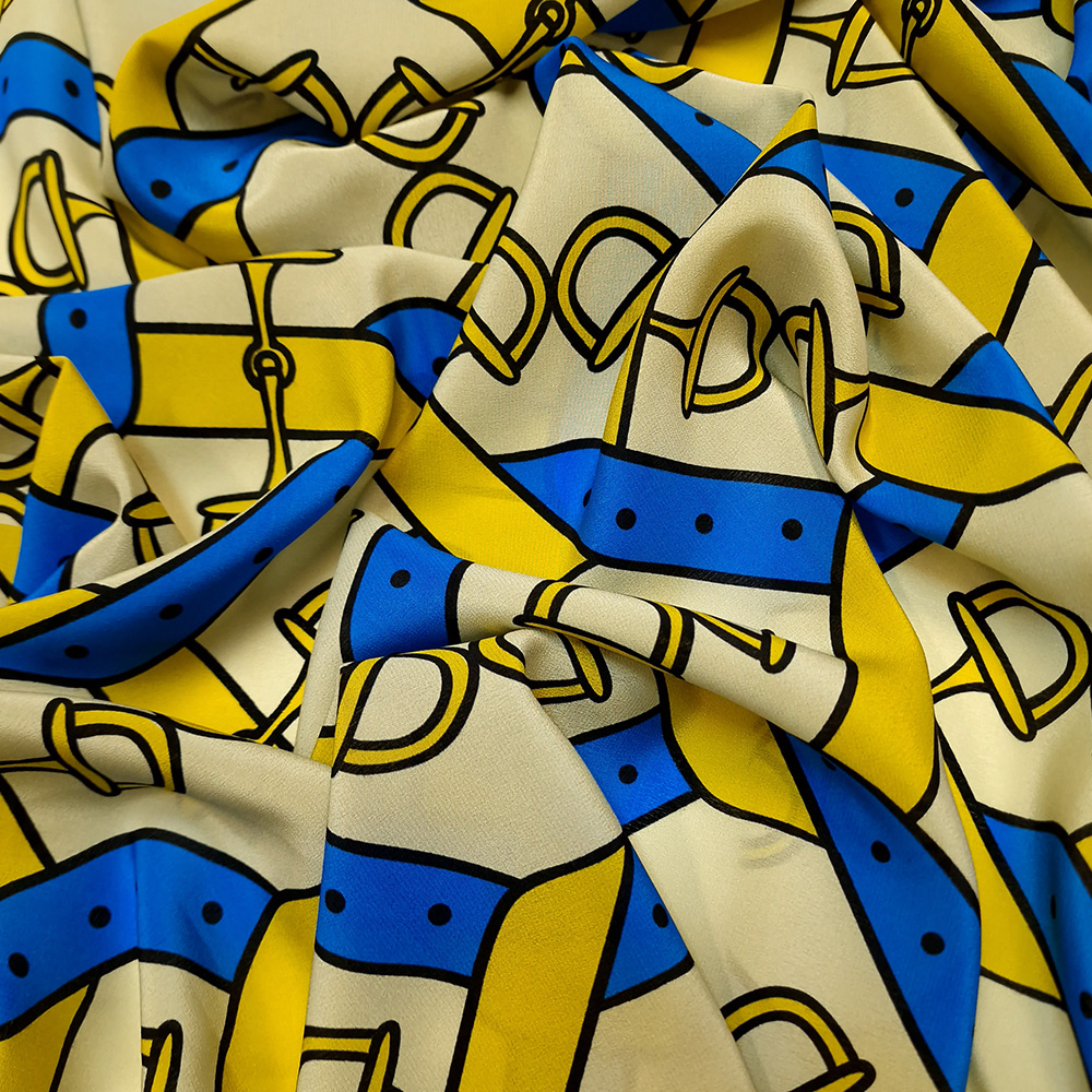 hedvábný crepe de chine, žlutomodrý vzor