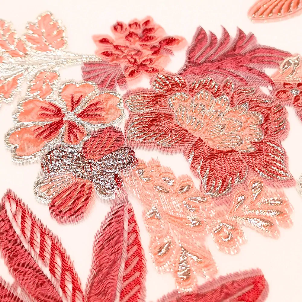 brokát/organza, zlatá-bordó-lososová