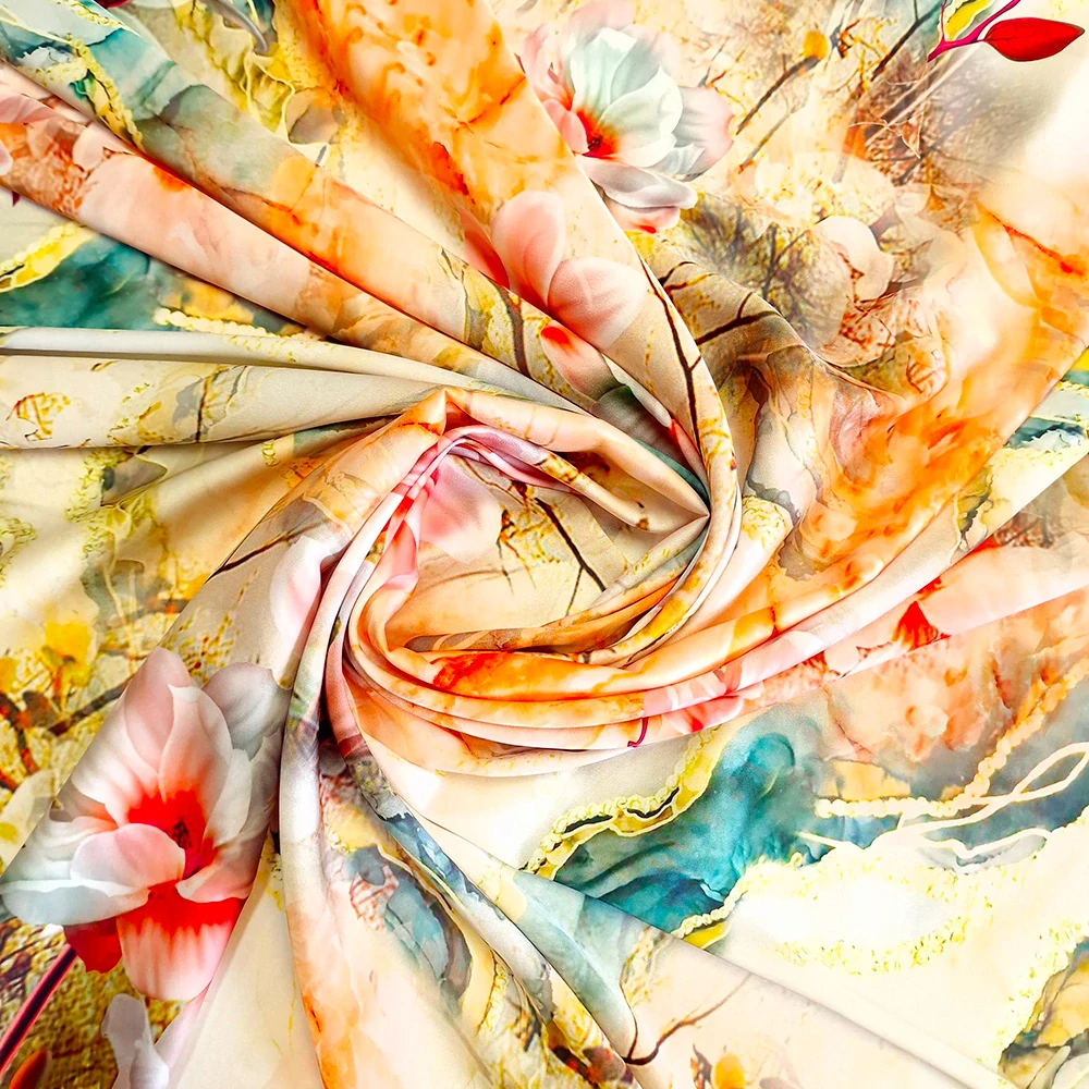 satén, barevné květy