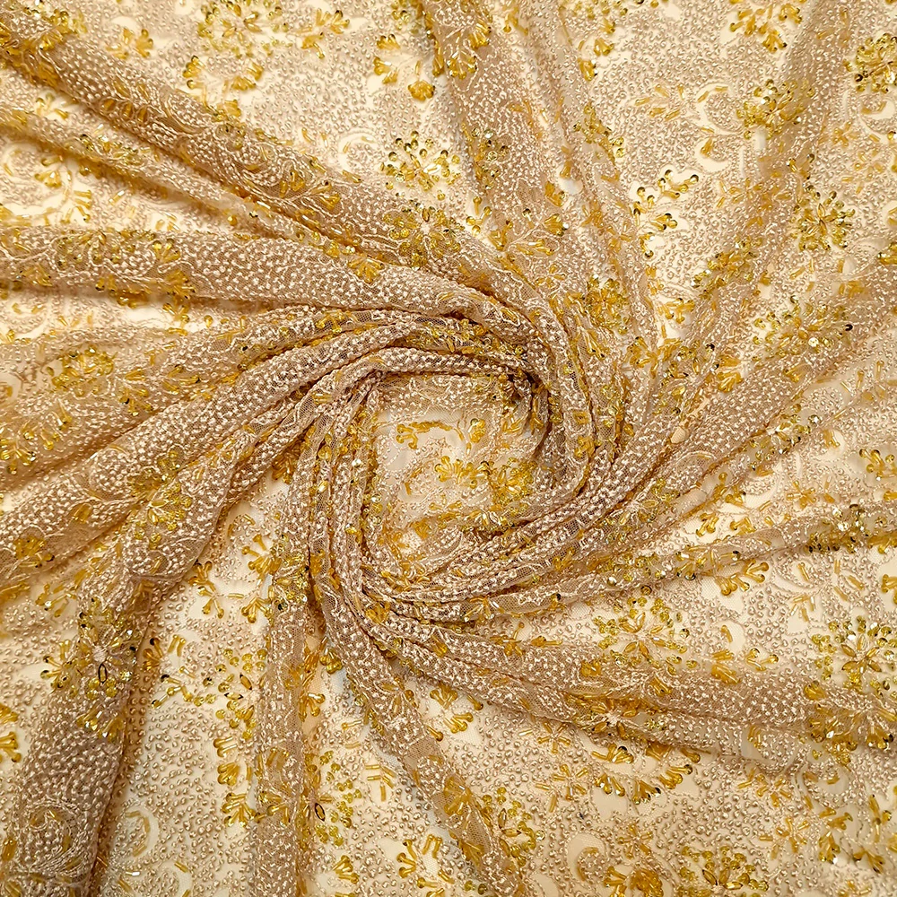 krajka vyšitá na tylu s korálky a flitry, champagne/zlatá