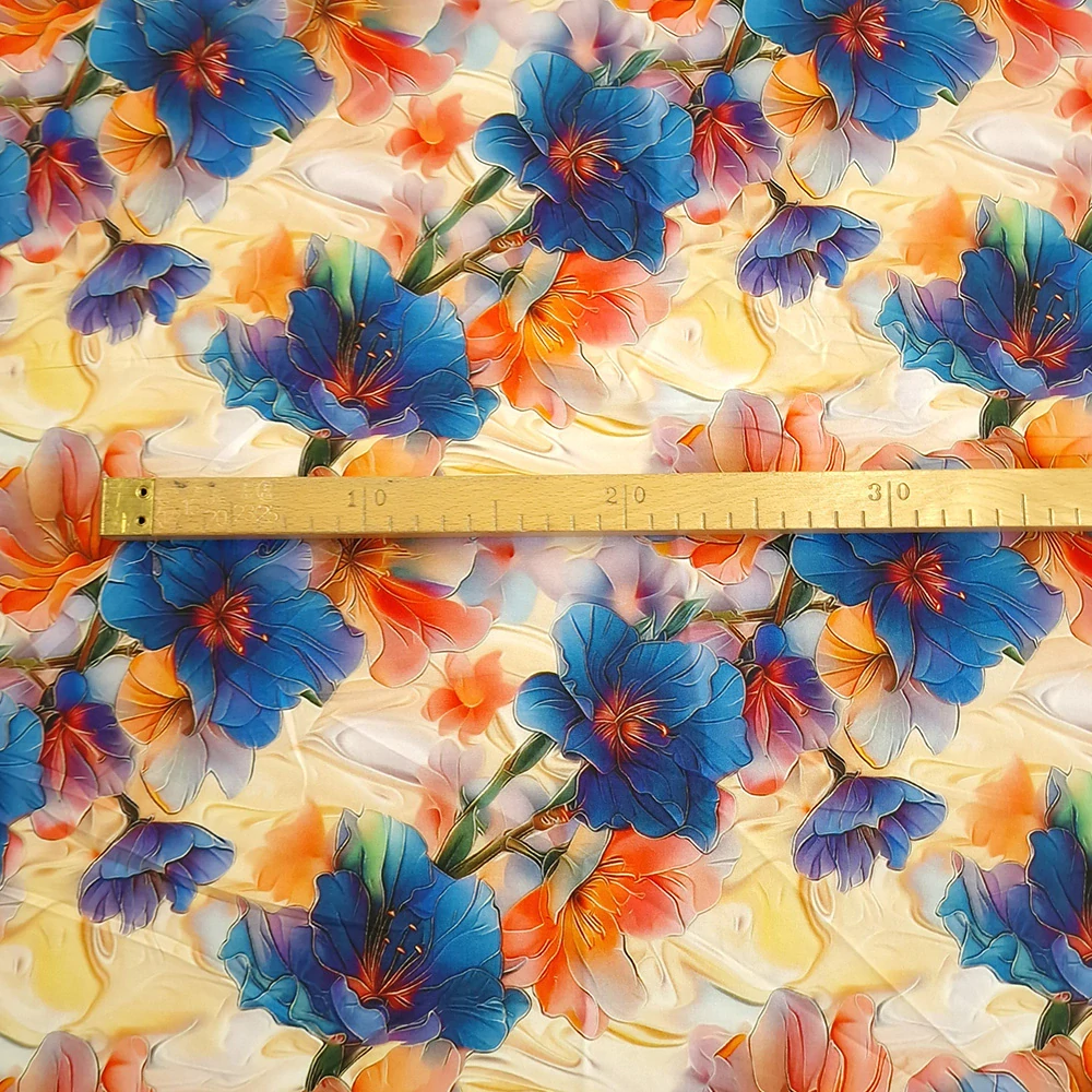 viskózové plátno, květy, kobaltová a korálová