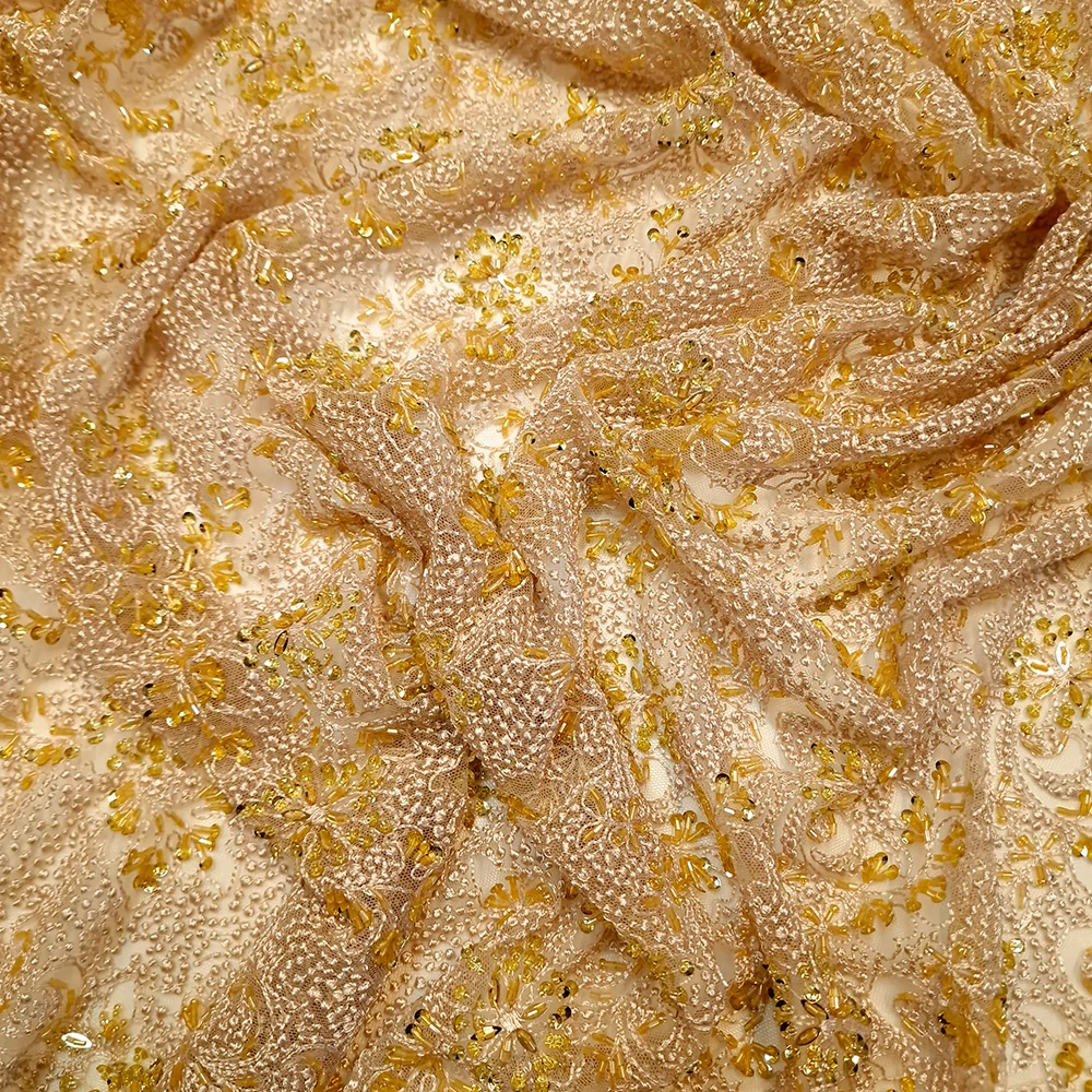 krajka vyšitá na tylu s korálky a flitry, champagne/zlatá