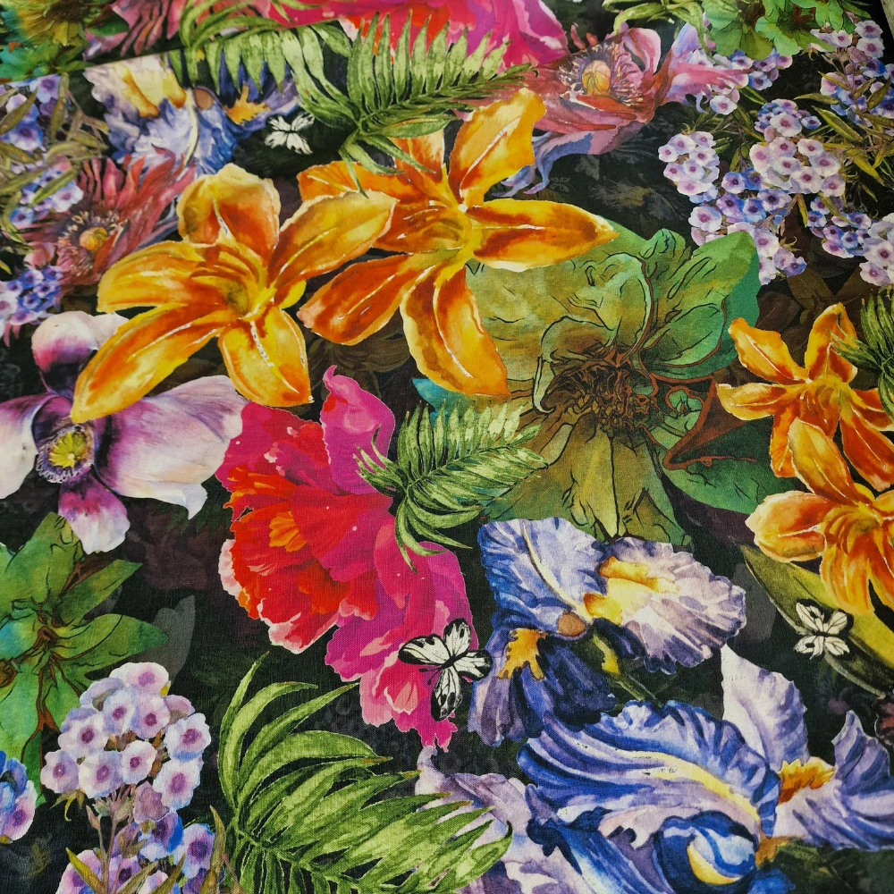 len, vzor květy, černá